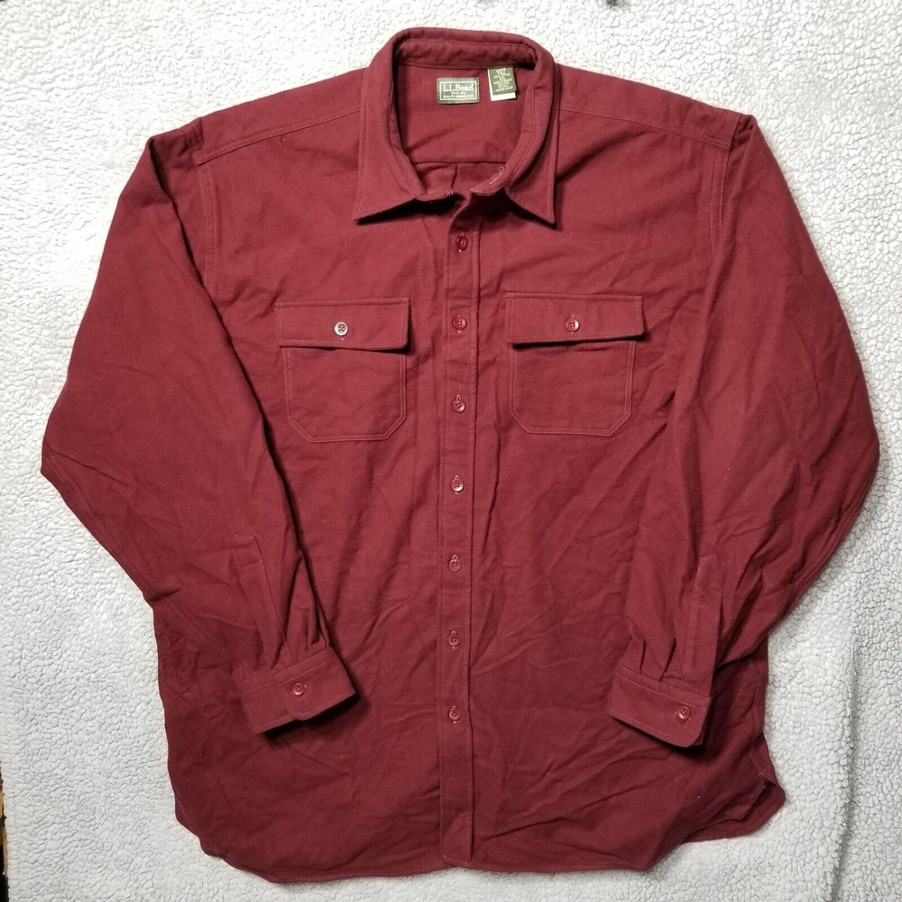 L.L. Bean Flannel Shirt Button Up Long Sleeve Two‎ Pocket Burgundy XXL